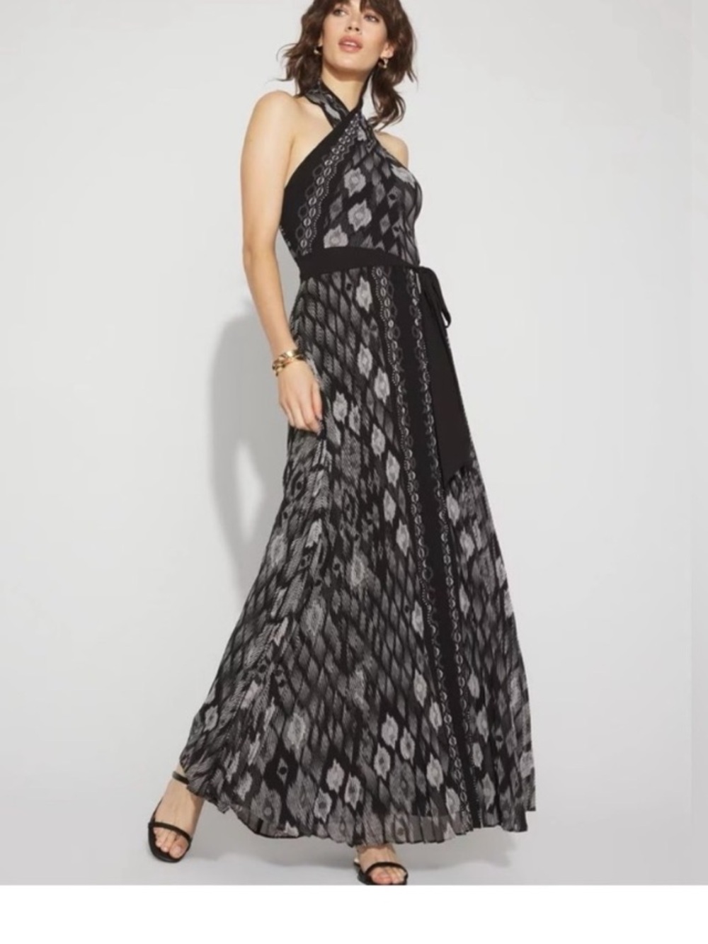 White House Black Market Printed Halter belted long Maxi Dress Sz 4 New